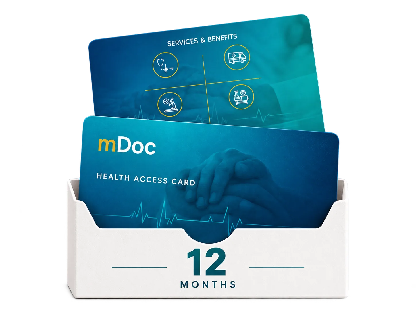 Two blue mDoc Health Access cards displayed in a white 12-month holder