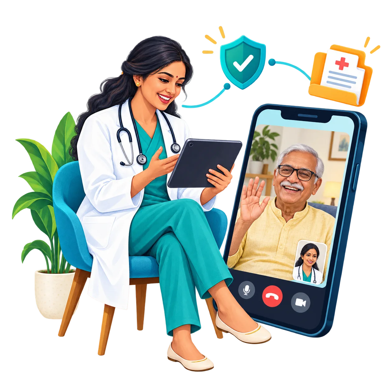 A doctor using a tablet during a video consultation with an older patient